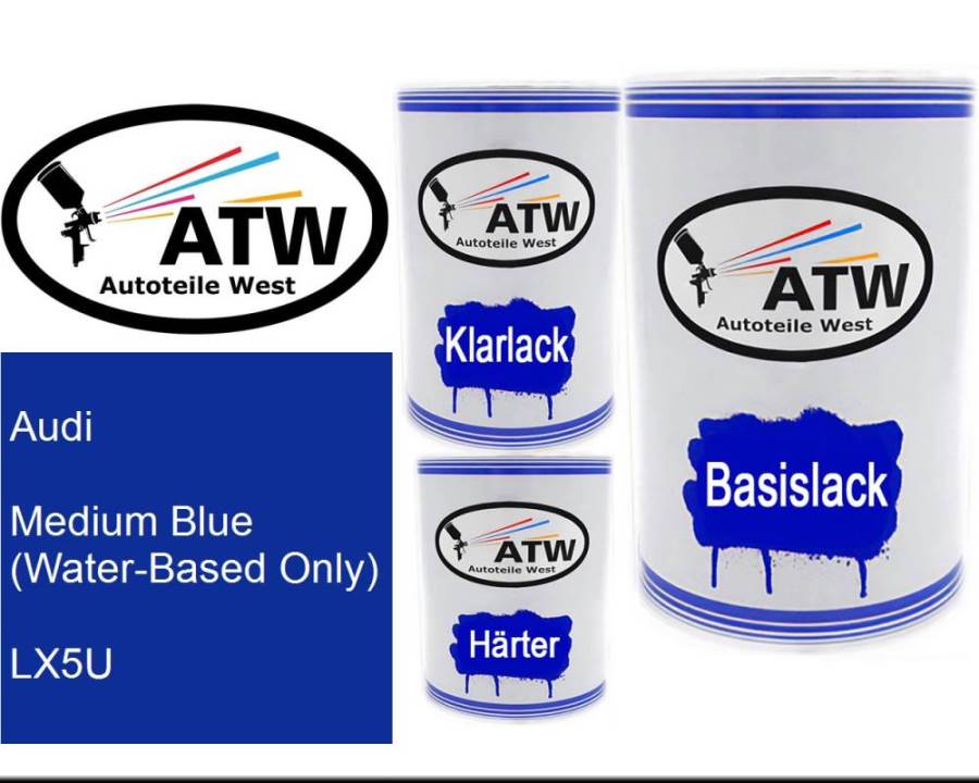 Audi, Medium Blue (Water-Based Only), LX5U: 500ml Lackdose + 500ml Klarlack + 250ml Härter - Set, von ATW Autoteile West.